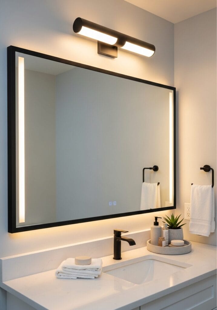 Frame Your Builder-Grade Mirror With a Peel-and-Stick Trim Kit