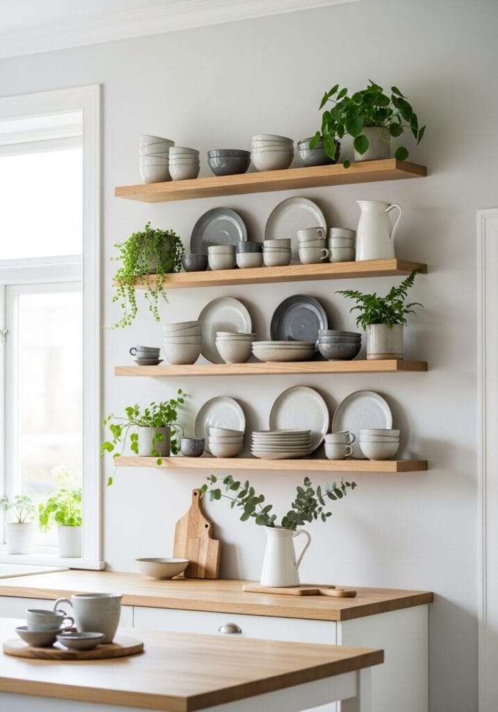 Install Open Shelving to Break Up Heavy Upper Cabinets