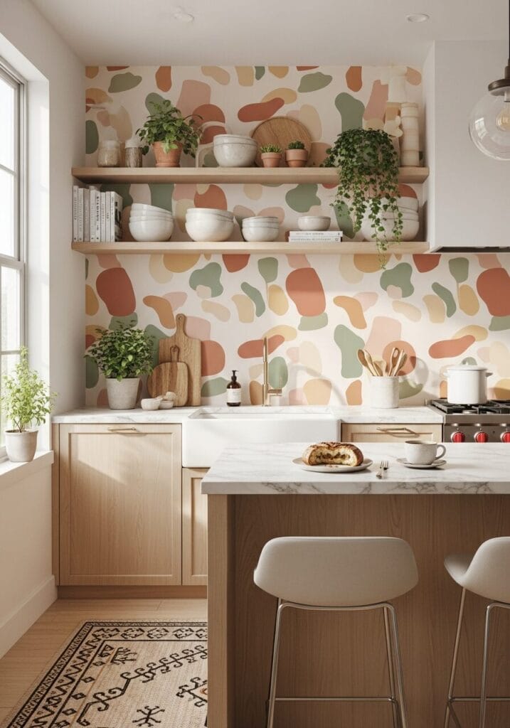 Kitchen with patterned peel-and-stick wallpaper