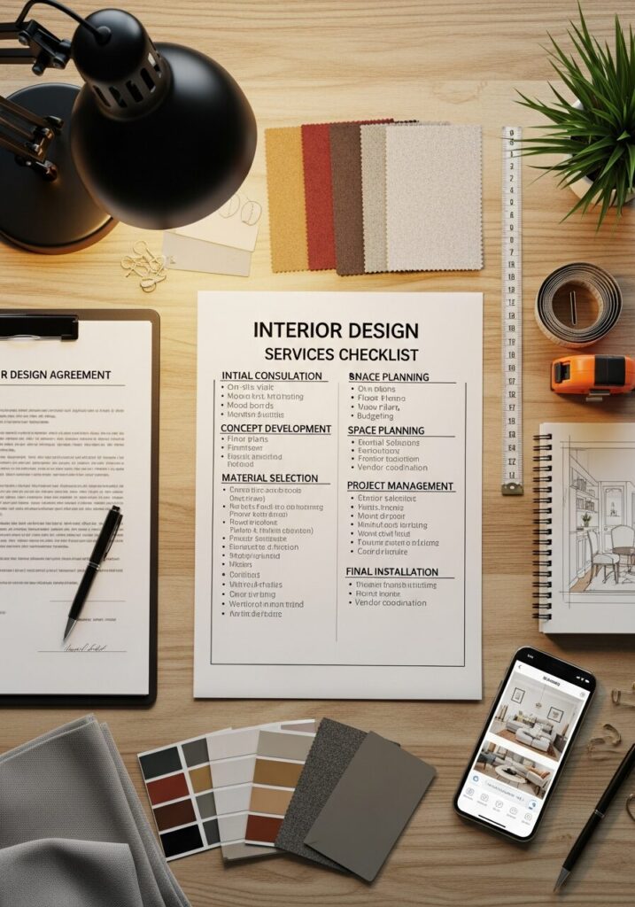 Interior design services checklist on a desk